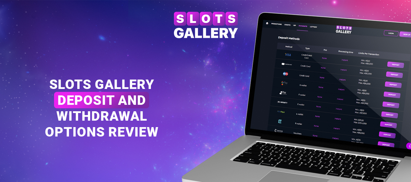 Overview of deposit and withdrawal options at Slots Gallery
