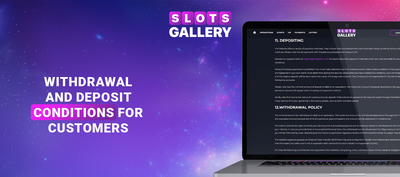 Terms for deposits and withdrawals at Slots Gallery casino Australia